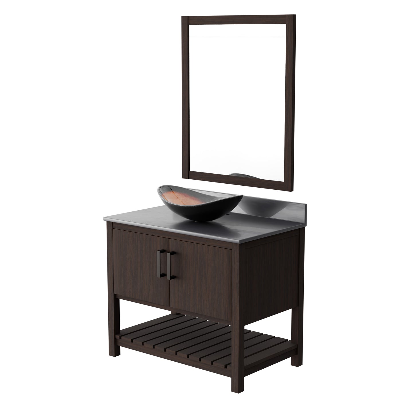 36-inch Novatto bath vanity with storm grey quartz countertop and sink, showcasing modern bathroom accessory design.