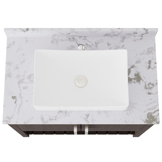 36-inch Novatto bath vanity with cafe mocha quartz countertop and sink, showcasing its sleek, modern bathroom accessory design.