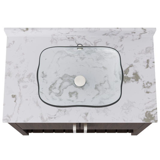 36-inch Novatto bath vanity with cafe mocha quartz countertop and sink, showcasing sleek design and modern bathroom accessory.