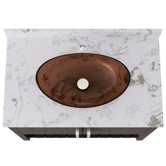 Bathroom vanity with 36-inch size, cafe mocha quartz countertop, and integrated sink by Novatto.