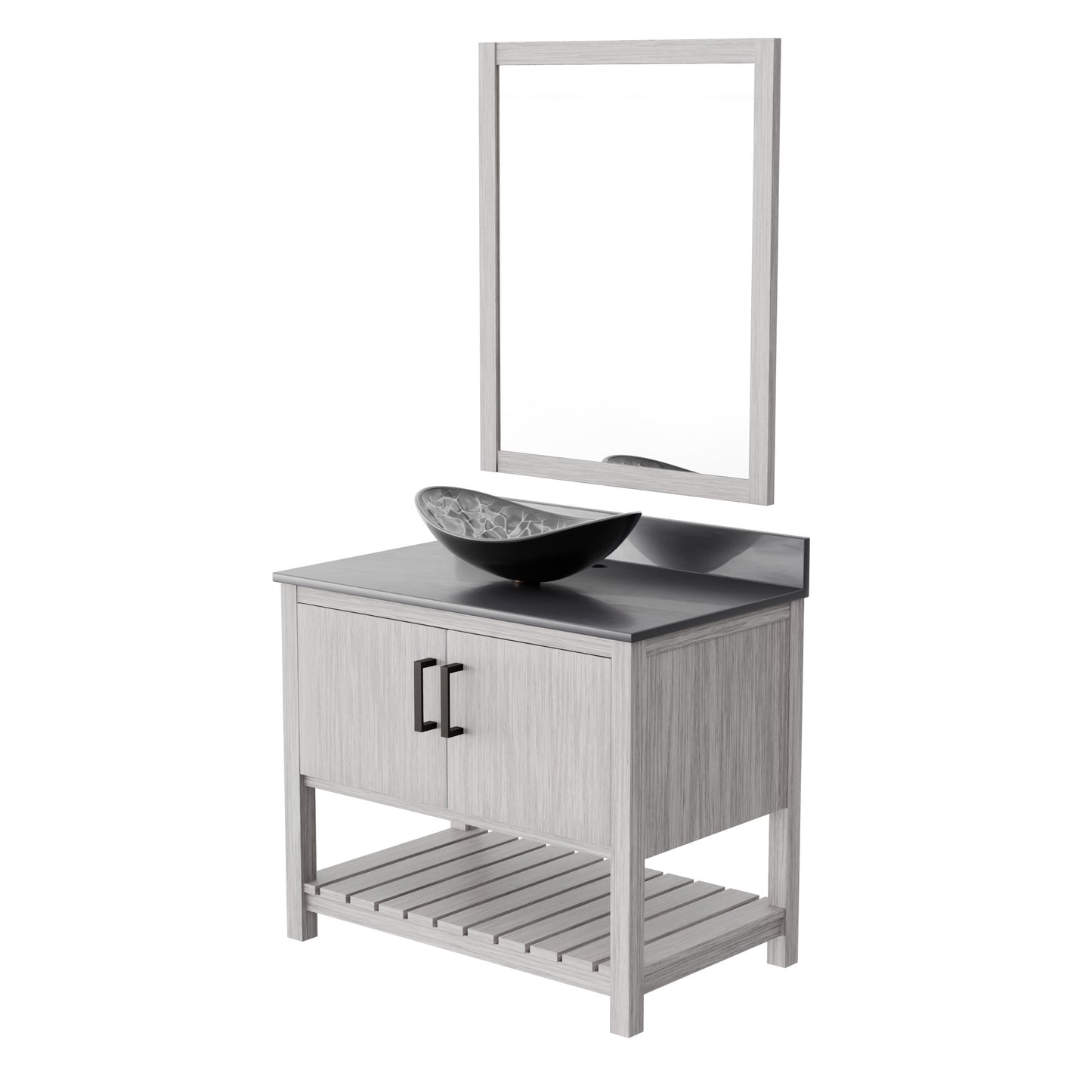 Novatto 36-inch bath vanity with storm grey quartz countertop and sink, showcasing sleek design and modern bathroom accessory.