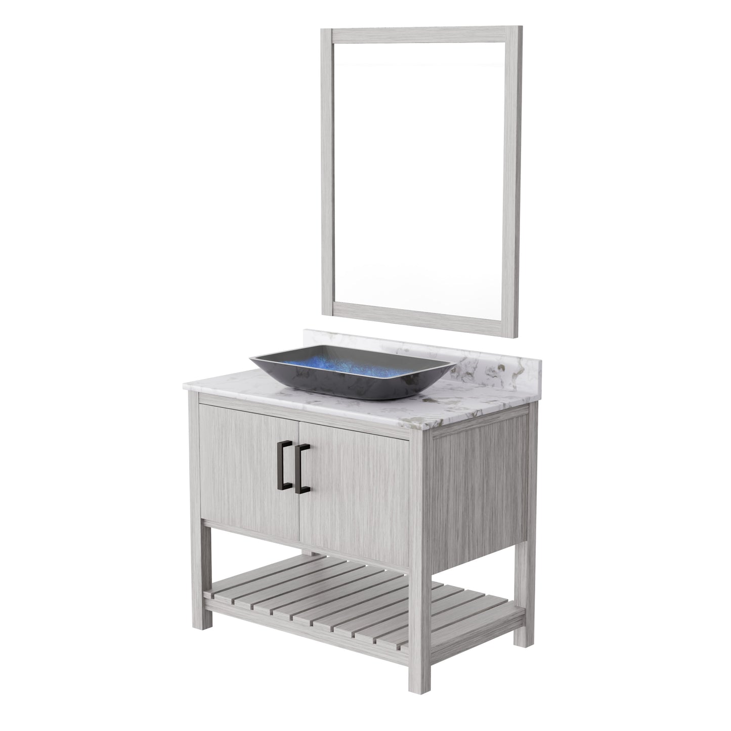 36-inch Novatto bath vanity with cafe mocha quartz countertop and sink, showcasing sleek design and modern bathroom accessory.