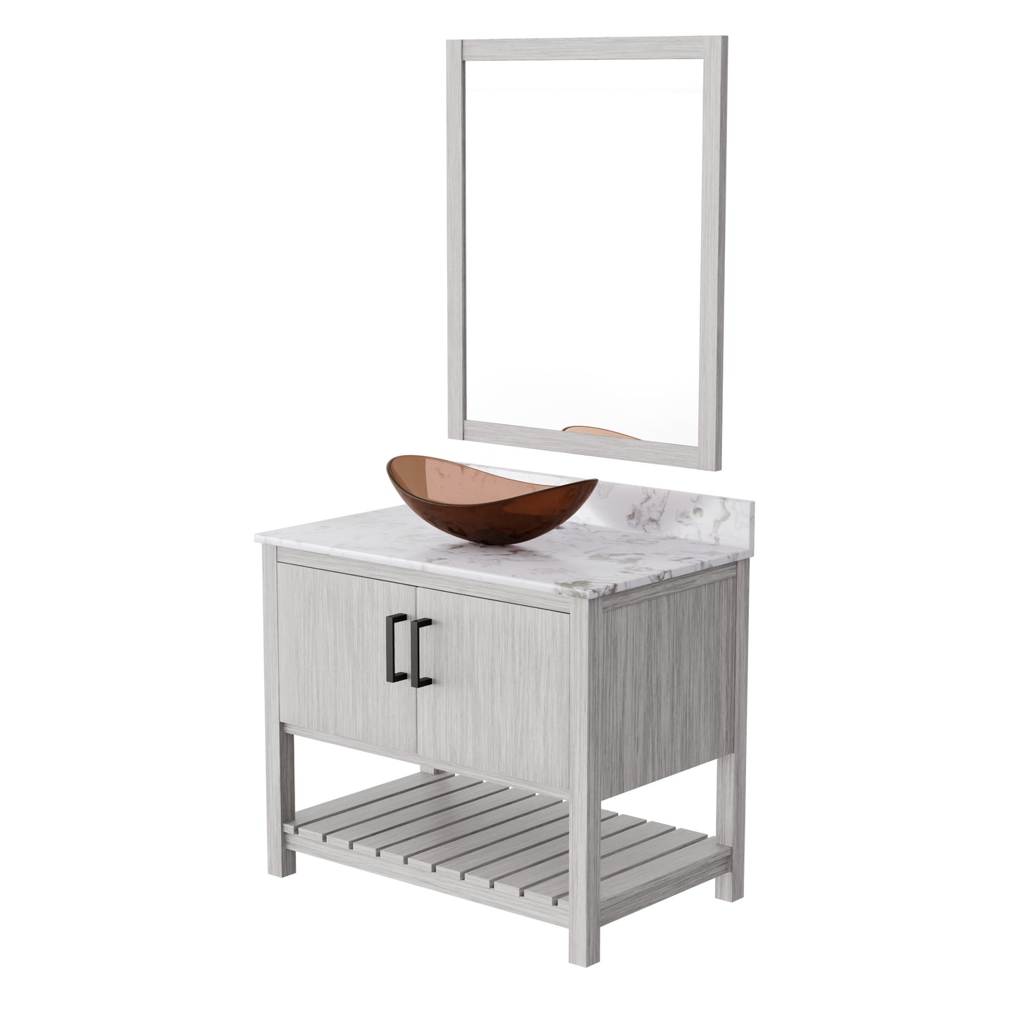 36-inch Novatto bath vanity with cafe mocha quartz counter and sink, showcasing elegant bathroom accessory design.