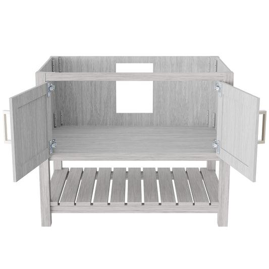 36-inch Storm Grey bath vanity by Novatto, with sleek modern design and wood finish, shown in a close-up view.