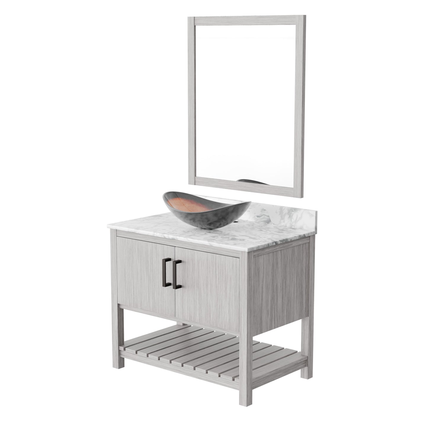 36-inch Novatto bath vanity with Carrara white marble countertop and integrated sink, showcasing elegant bathroom accessory design.