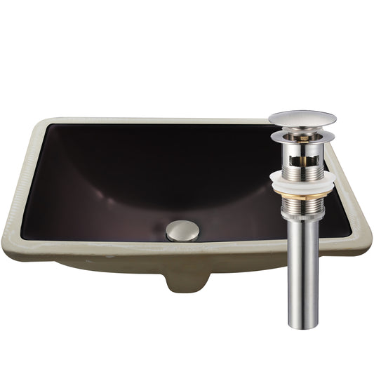 Black ceramic rectangular undermount bathroom sink with overflow from Novatto, featuring a sleek design and durable porcelain finish.