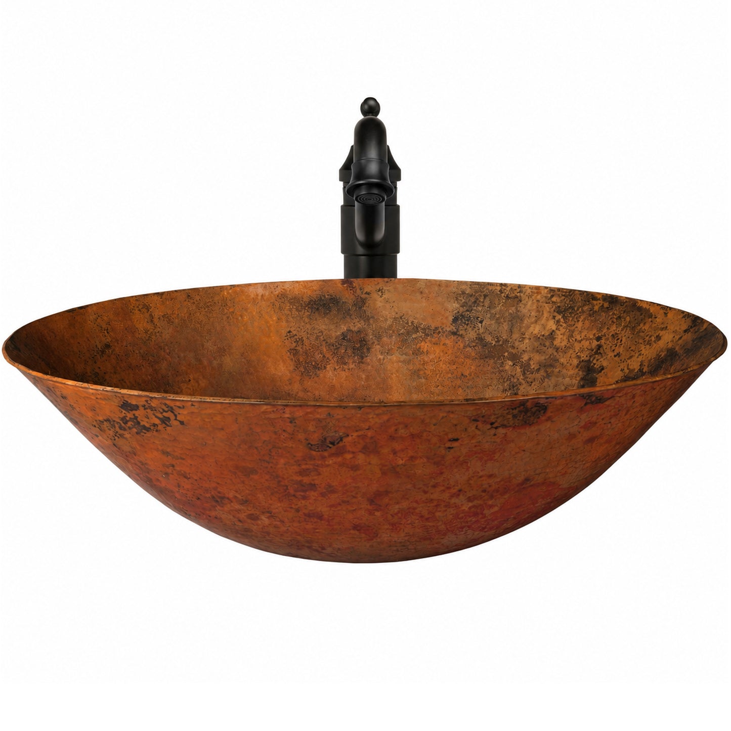 Traditional hammered copper vessel bath sink combo by Novatto, front view showing oval shape and hammered finish.