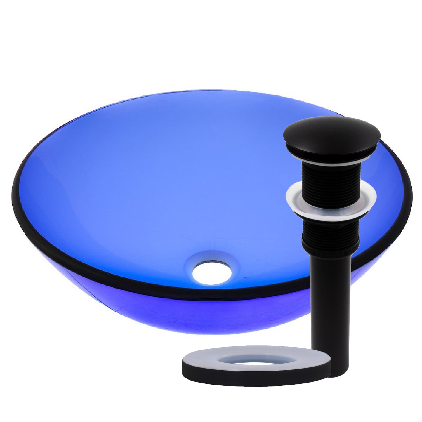 Blue round tempered glass vessel bathroom sink with modern design, featuring smooth curved edges and a glossy finish.