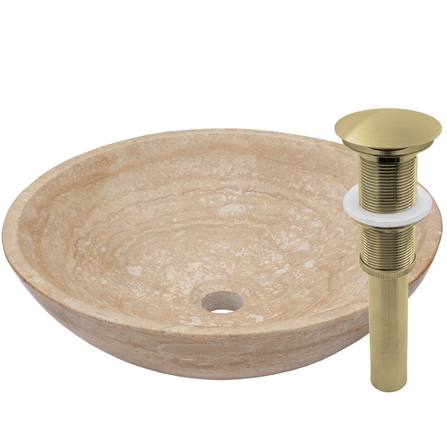 Natural beige travertine stone vessel bathroom sink by Novatto, featuring a transitional design with smooth, polished surface.