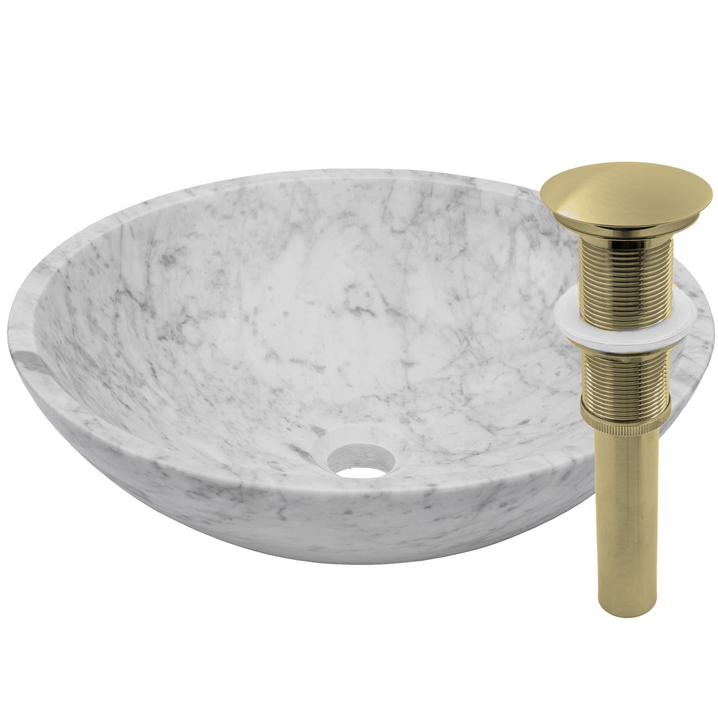 Modern Carrara white marble vessel sink by Novatto, contemporary bathroom basin with smooth, polished stone surface.