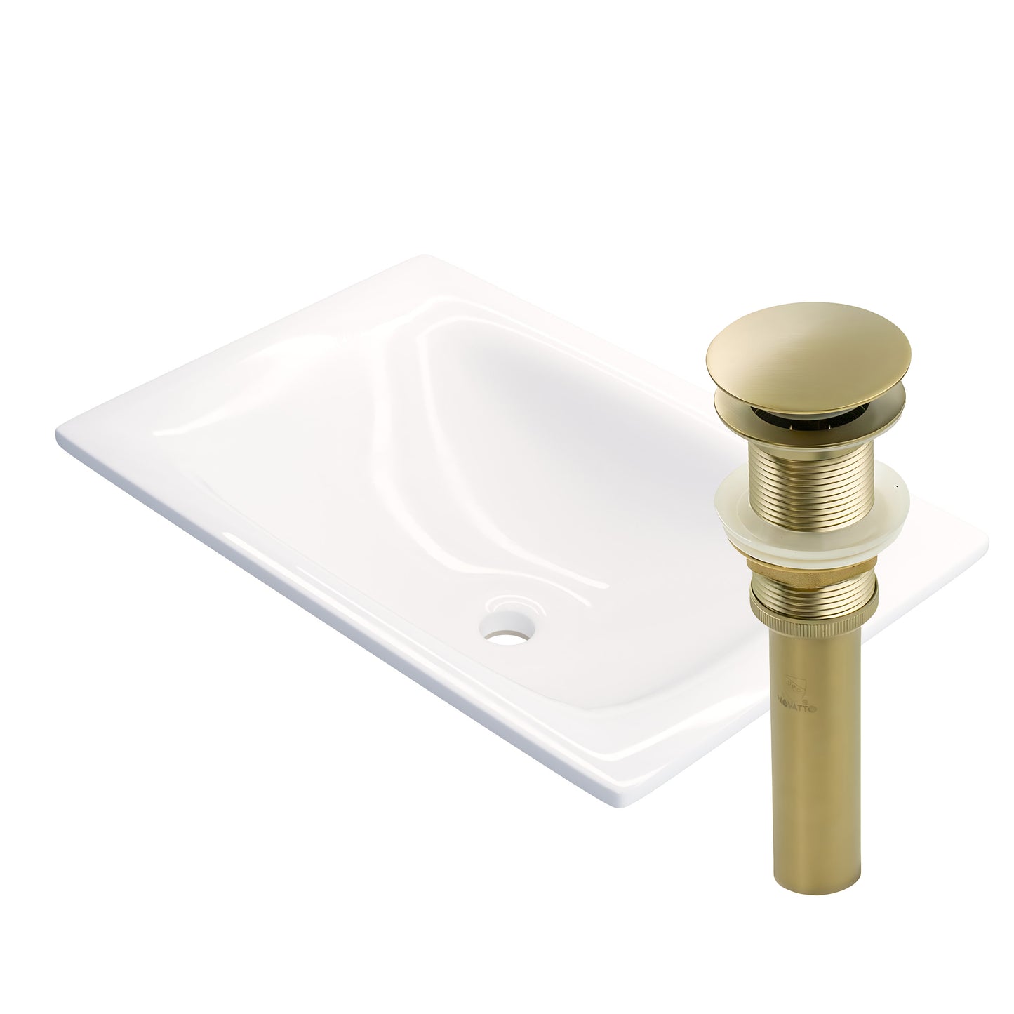 Rectangular white porcelain drop-in bathroom sink by Novatto, modern contemporary design with smooth surface and clean lines.
