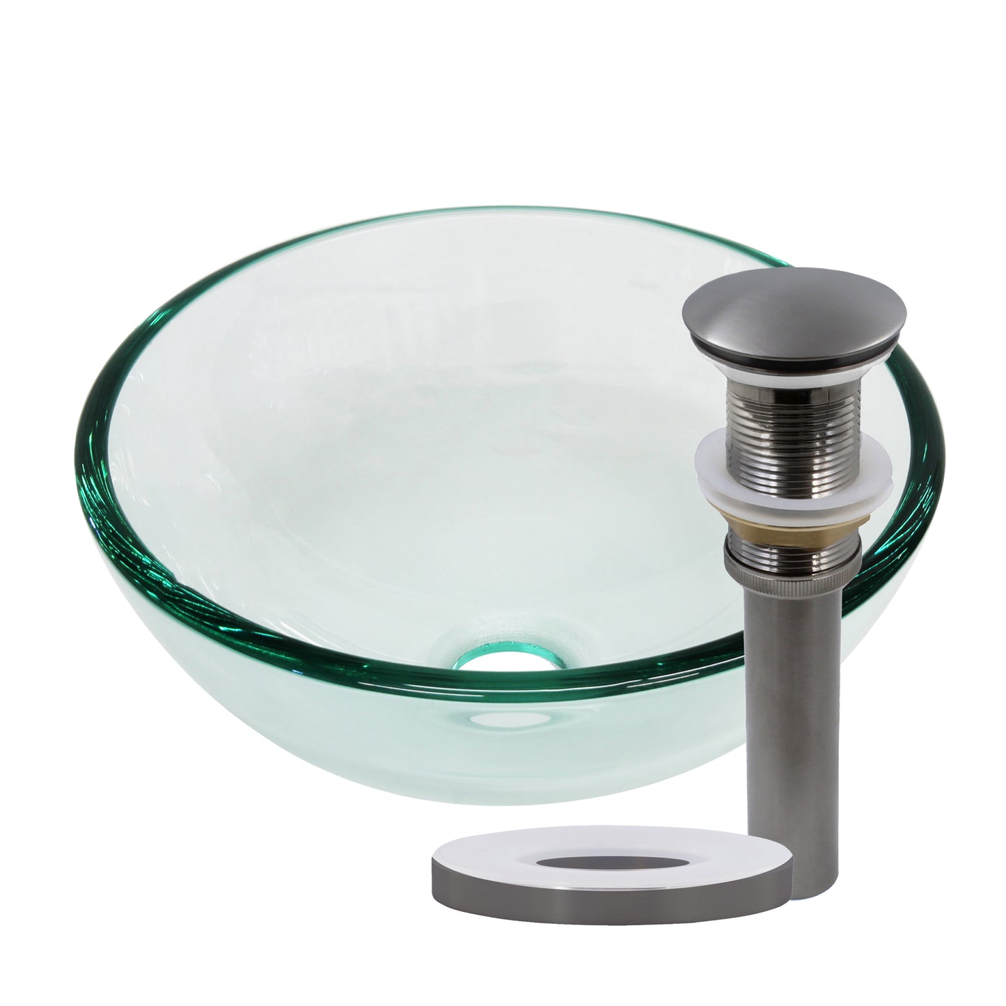 Modern 12-inch clear round tempered glass vessel bathroom sink by Novatto, featuring a sleek, transparent design for contemporary bathrooms.