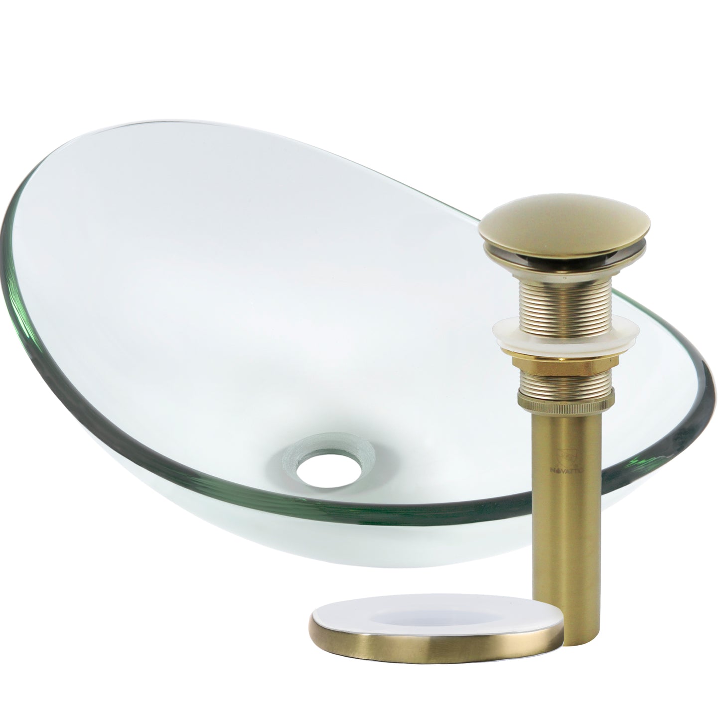 Clear oval tempered glass vessel bathroom sink by Novatto featuring a modern design and smooth, transparent surface.
