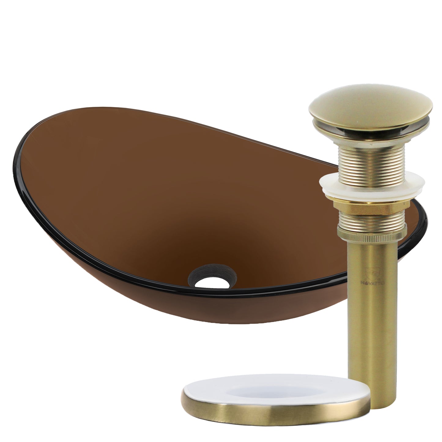 Modern clear brown oval tempered glass vessel bathroom sink by Novatto, showcasing its sleek, polished design and smooth surface.