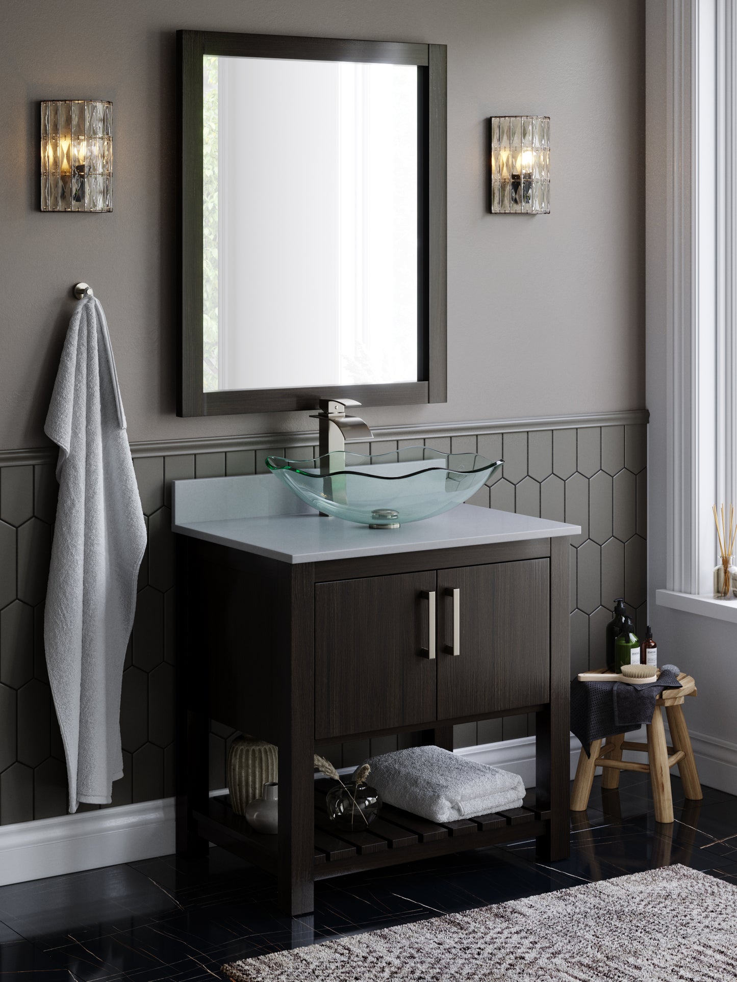 Novatto 30-inch bath vanity with storm grey quartz countertop and sink, showcasing its sleek modern design.