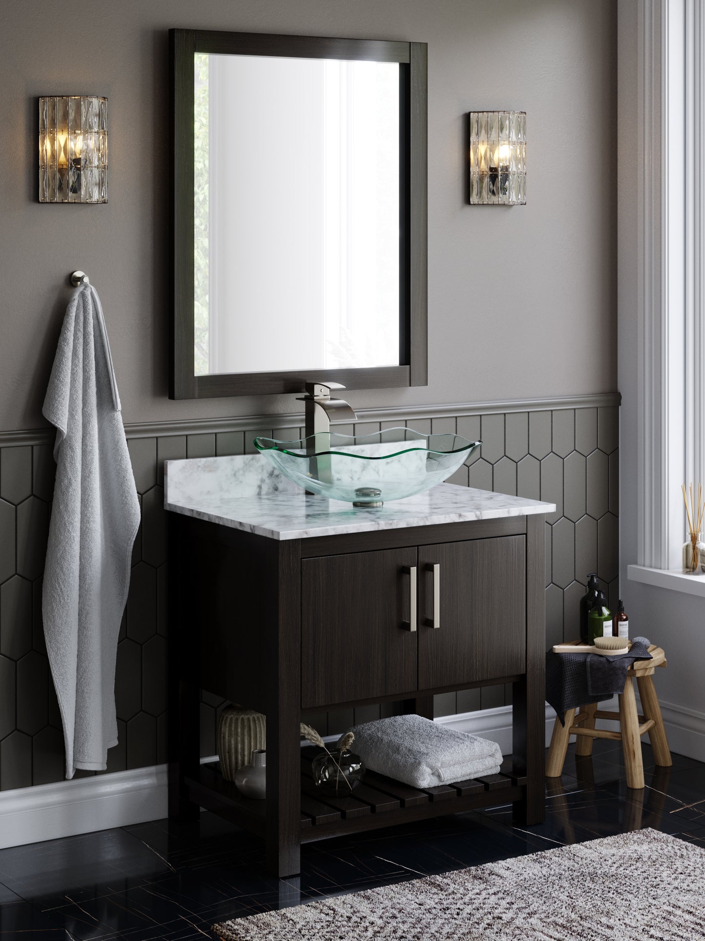 30-inch Novatto bath vanity with café mocha quartz countertop and integrated sink, showcasing elegant bathroom accessory design.
