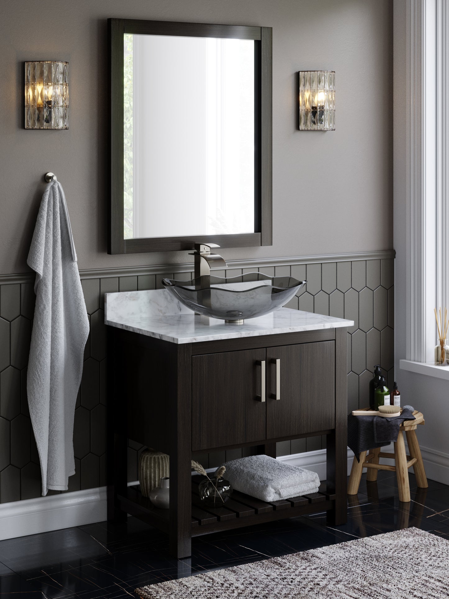 30-inch Novatto bath vanity with Carrara white marble counter and integrated sink, showcasing elegant bathroom accessory design.