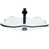 rectangular clear glass vessel sink with matching faucet and pop-up drain