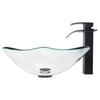 rectangular clear glass vessel sink with matching faucet and pop-up drain