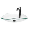 rectangular clear glass vessel sink with matching faucet and pop-up drain
