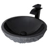 Round Black Granite Stone Bathroom Sink with matching faucet and umbrella drain