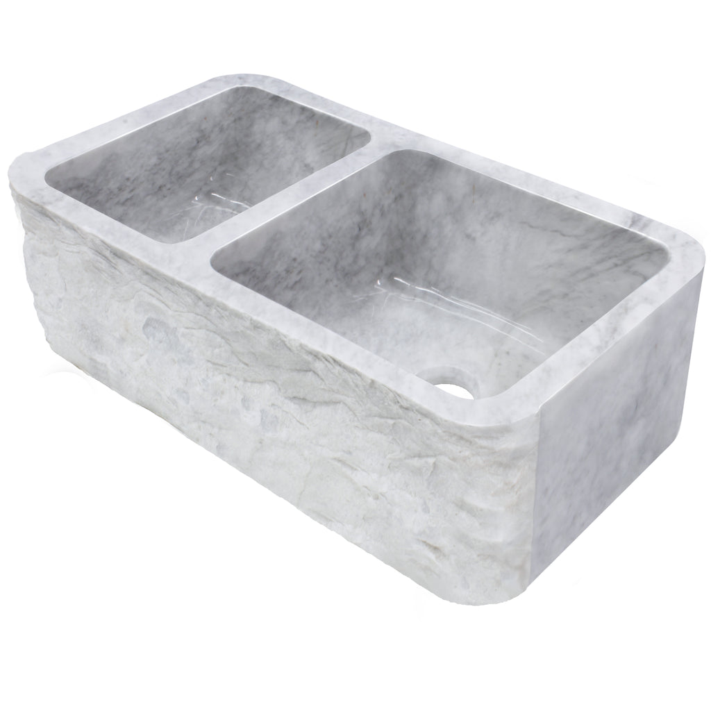 Reversible 60/40 Kitchen Sink in Carrara White Marble w/ Chiseled or Polish Apron - NKS-DBNCW