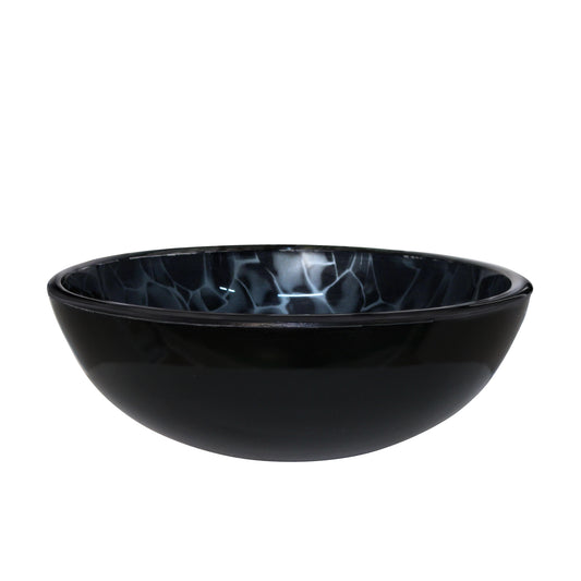 Side view of Novatto Mini 12-inch black and silver hand-painted glass vessel sink for modern bathrooms.