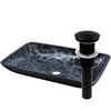 Hand Painted Black and Silver Rectangle Glass Vessel Bath Sink w/ Pop-Up Drain