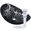 black and silver oval glass vessel sink with chrome pop-up drain