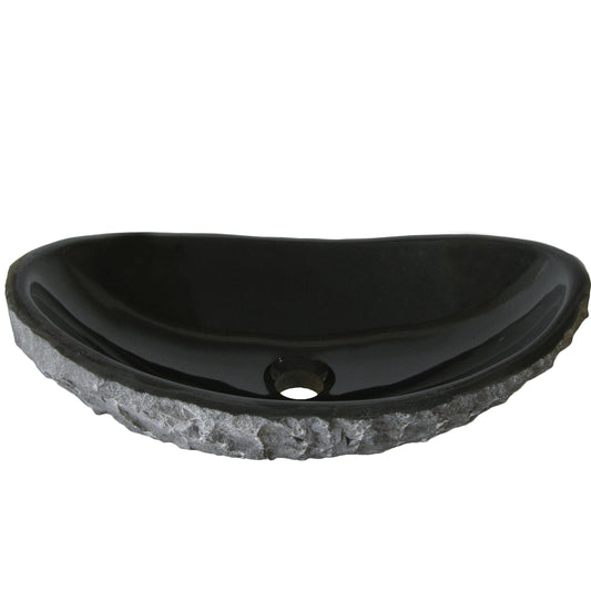 Side view of Novatto natural black granite vessel sink, transitional bathroom sink with smooth, polished surface and rounded edges.