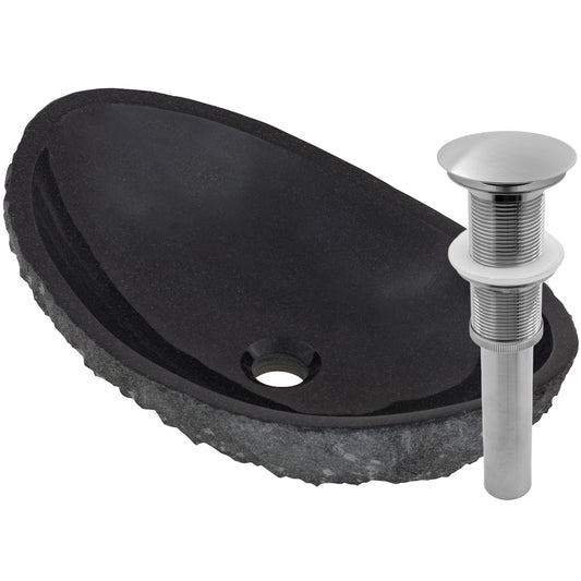 Natural black granite vessel sink by Novatto, transitional bathroom sink with a smooth, rounded design and polished finish.