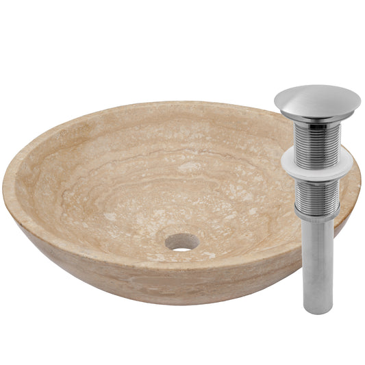 Natural beige travertine stone vessel bathroom sink by Novatto with a smooth, rounded transitional design for elegant bathroom decor