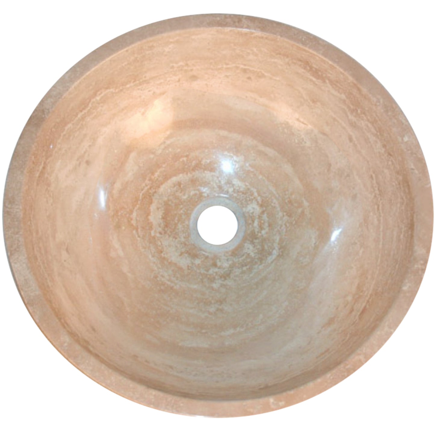 Round beige travertine stone vessel sink from Novatto's transitional bathroom combo, top view showing smooth surface and natural texture.