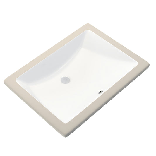 Side view of Novatto rectangular white porcelain undermount vessel sink with overflow, ideal for modern bathroom installations.