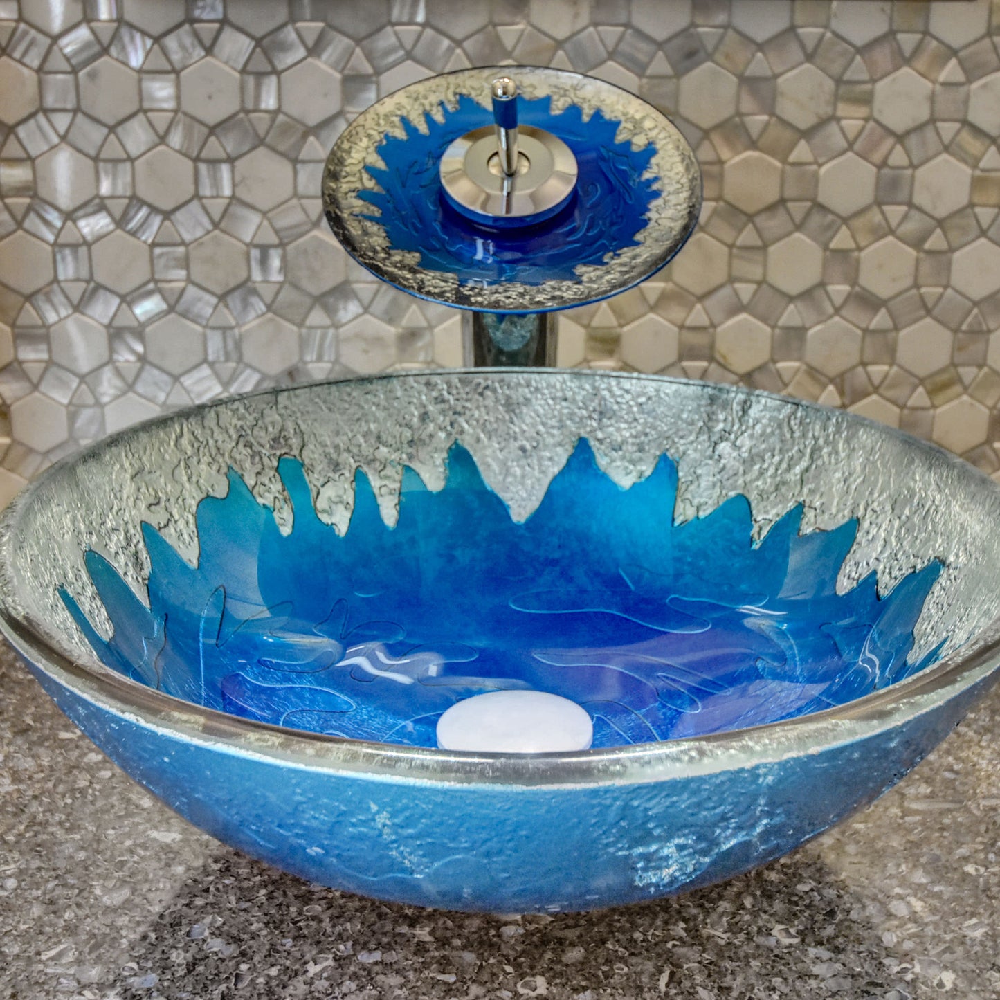 blue silver glass vessel sink set lifestyle