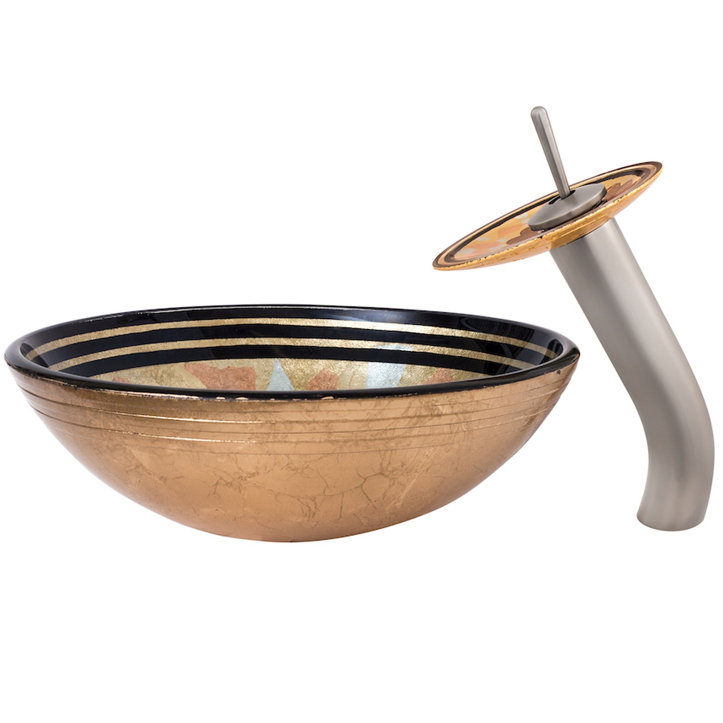Side view of Novatto round hand-painted yellow glass bathroom sink, traditional style, with detailed hand-painted design.