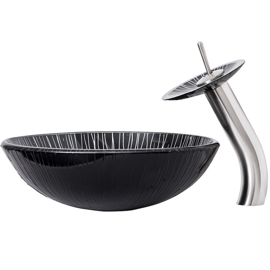 Modern black and silver glass bathroom sink from Novatto's Round Hand Painted Series, side view showing elegant design.