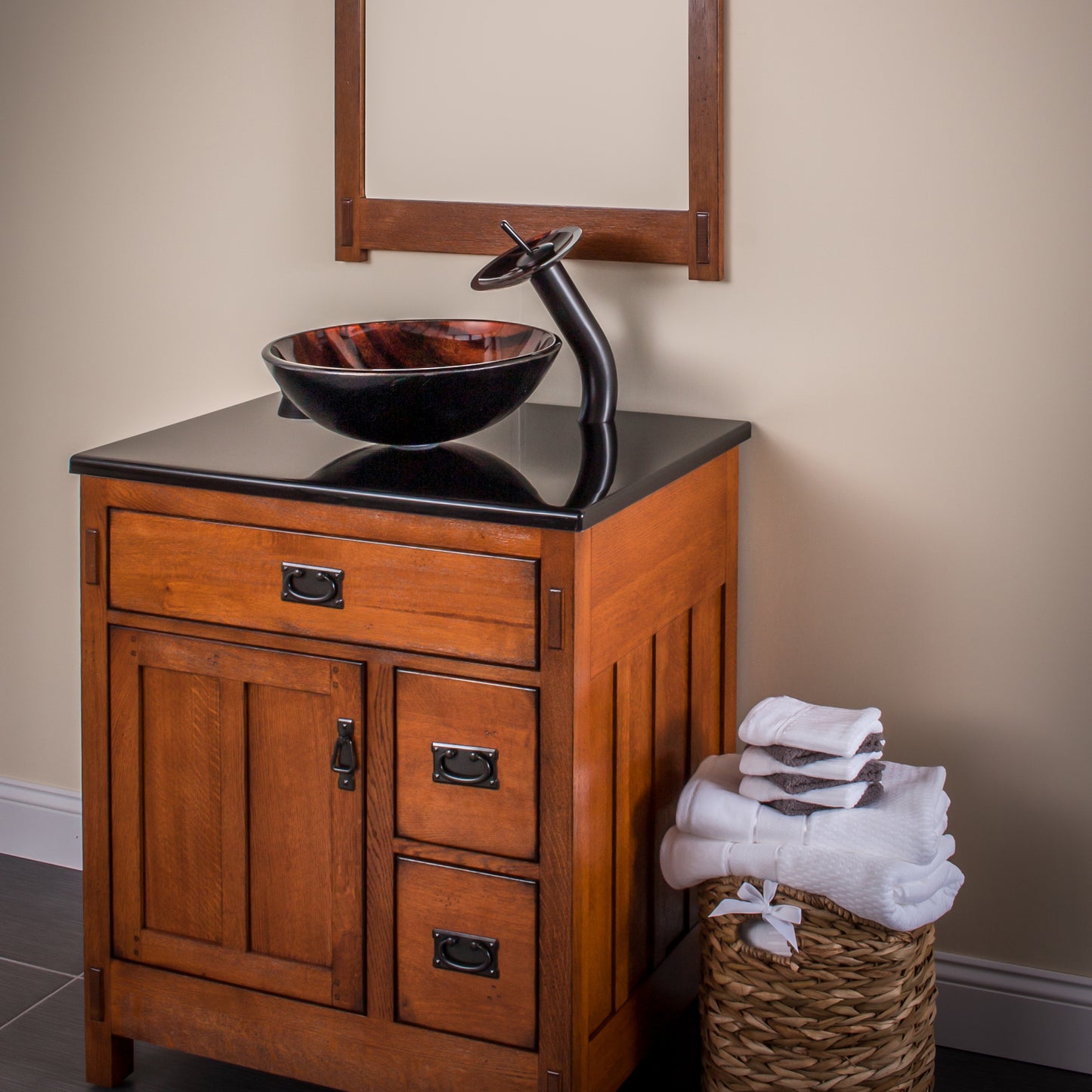 Modern hand-painted brown camouflage glass vessel sink by Novatto, featuring a sleek design for contemporary bathrooms.