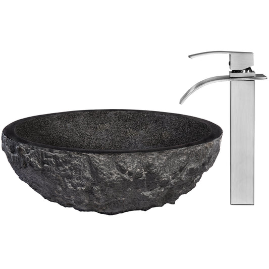 Round Black Granite Stone Bathroom Sink with matching faucet and umbrella drain