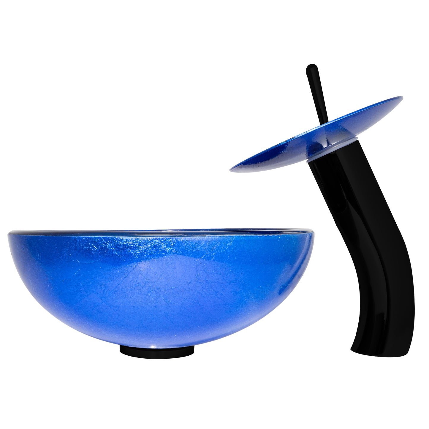 Blue foiled glass vessel sink from Novatto's traditional bathroom combo series, shown with side view and faucet.