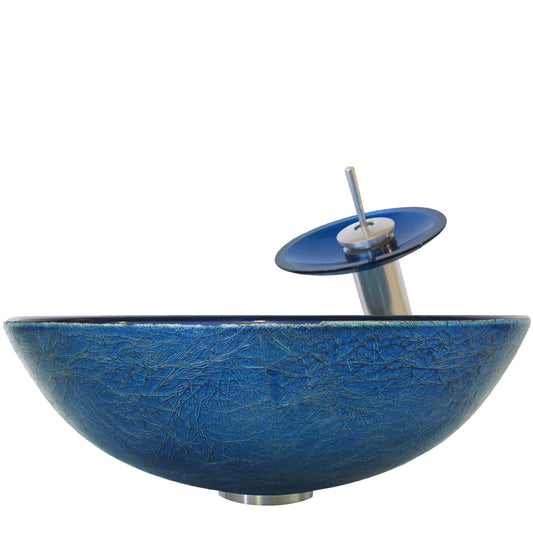 Blue Foil Painted Glass Vessel Sink with Matching Faucet, Drain and Mounting Ring