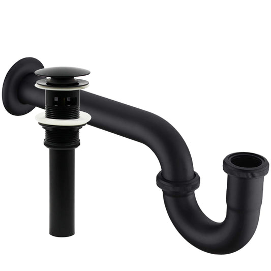 Solid brass pop-up drain with overflow and U-shaped P-trap, Novatto PUD-O-TRAP series bathroom sink accessory.