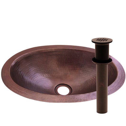 Small oval copper undermount bathroom sink by Novatto with antique finish, traditional design, suitable for classic bathroom decor