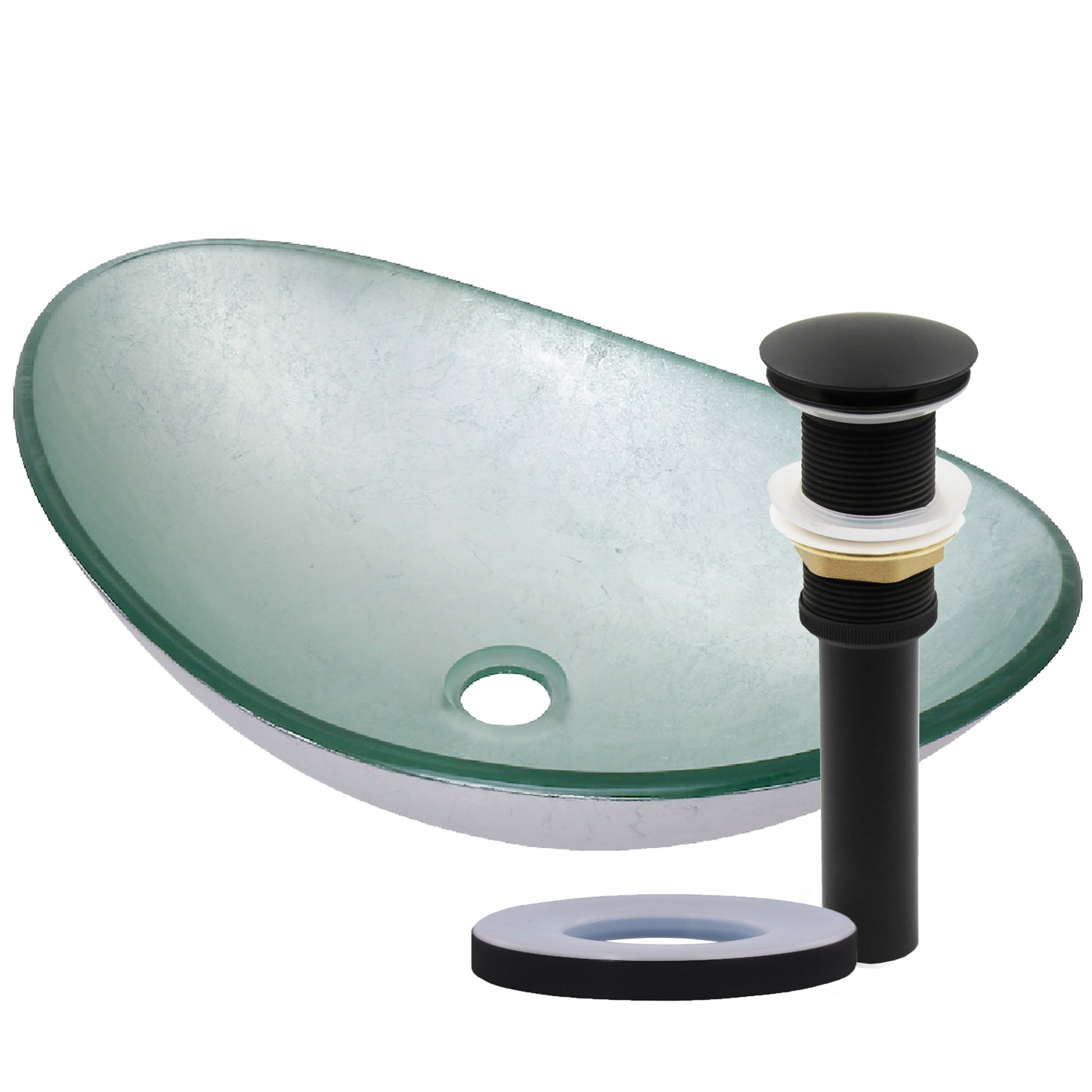 Modern silver foiled oval tempered glass vessel bath sink by Novatto, showcasing its sleek design and glossy finish.