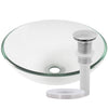 clear round glass vessel sink with drain, brushed nickel