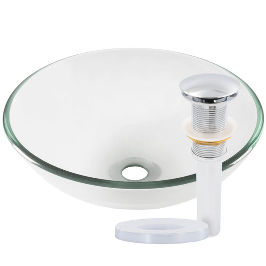 Clear round tempered glass vessel bathroom sink by Novatto with smooth, modern design and transparent surface.