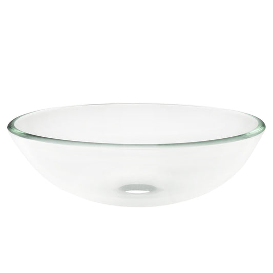 Side view of Novatto Clear Round Tempered Glass Vessel Bathroom Sink, modern design with smooth, transparent glass surface.
