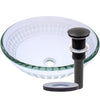 clear round etched glass sink with pop up drain