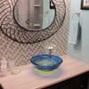 blue glass vessel bathroom sink with pop-up drain, brushed nickel