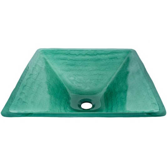 Green square tempered glass vessel bathroom sink by Novatto, transitional style, three-quarter view showing smooth edges and sleek design.